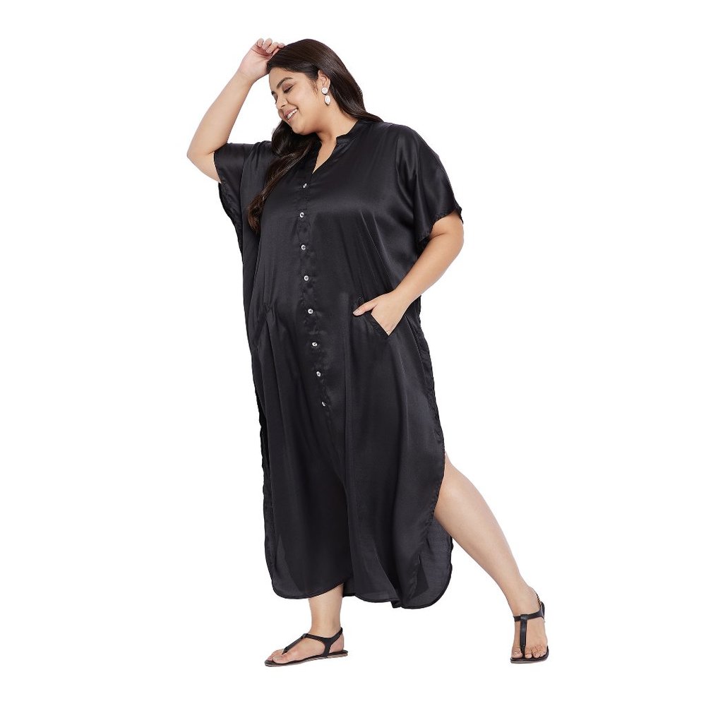 Satin Maxi Dress for Womens Solid Black Bikini Swimsuit Cover Up Beach Dresses - Picture 5 of 7